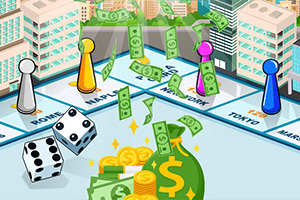 Fichas de colores y dados sobre un tablero de juego con billetes y monedas