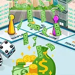Fichas de colores y dados sobre un tablero de juego con billetes y monedas