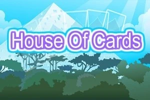 Texto House of Cards en el centro, sobre un fondo de siluetas de árboles y un edificio de cristal con un cielo azul