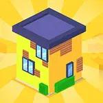 Casa amarilla de dos pisos con ventanas azules y techo morado sobre un fondo amarillo con rayos de luz
