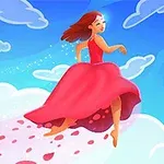 Mujer con vestido rojo flotando en el cielo entre nubes y pétalos