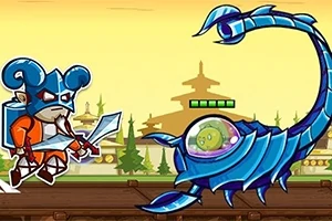 Guerrero con casco azul y espada enfrentando a un escorpión mecánico azul con un alienígena en su interior, fondo con pagodas