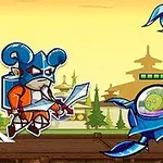 Guerrero con casco azul y espada enfrentando a un escorpión mecánico azul con un alienígena en su interior, fondo con pagodas