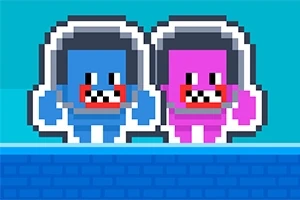 Dos personajes pixelados, uno azul y otro rosa, con cascos y expresiones faciales sonrientes sobre un fondo azul claro
