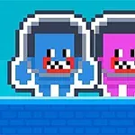Dos personajes pixelados, uno azul y otro rosa, con cascos y expresiones faciales sonrientes sobre un fondo azul claro