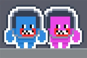 Dos personajes pixelados con cascos espaciales, uno azul y otro rosa, con expresión sonriente y ojos cuadrados