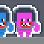 Dos personajes pixelados con cascos espaciales, uno azul y otro rosa, con expresión sonriente y ojos cuadrados