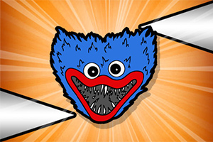 Cabeza azul peluda con ojos grandes y boca roja llena de dientes, sobre un fondo naranja con líneas brillantes