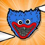 Cabeza azul peluda con ojos grandes y boca roja llena de dientes, sobre un fondo naranja con líneas brillantes