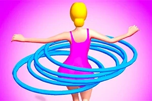Persona de espaldas con vestido rosa rodeada de aros azules en un fondo rosa