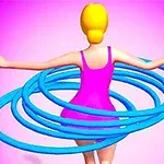 Persona de espaldas con vestido rosa rodeada de aros azules en un fondo rosa