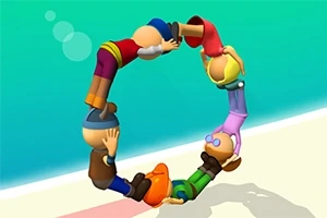 Personajes animados formando un círculo en la playa con sus cuerpos