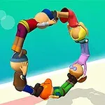 Personajes animados formando un círculo en la playa con sus cuerpos