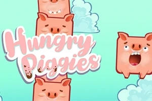 Cerdos dibujados con expresiones simpáticas sobre un fondo azul con nubes y el texto Hungry Piggies