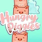 Cerdos dibujados con expresiones simpáticas sobre un fondo azul con nubes y el texto Hungry Piggies