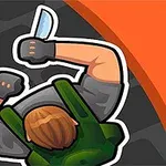 Persona vista desde arriba, con cabello castaño, sosteniendo un cuchillo con guantes y chaleco verde, sobre un fondo naranja y negro