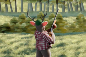 Un personaje con cuerpo de venado vestido con camisa de cuadros y gorra sostiene un rifle en un entorno forestal