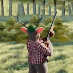 Un personaje con cuerpo de venado vestido con camisa de cuadros y gorra sostiene un rifle en un entorno forestal