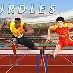 Tres atletas masculinos saltando obstáculos en una pista de atletismo dentro de un estadio