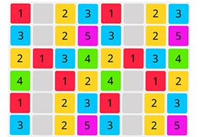 Cuadrícula colorida con números del 1 al 5 en celdas de colores verde, azul, rojo, amarillo, magenta y gris