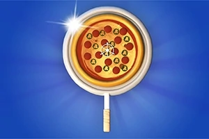Pizza con ingredientes variados en el interior de una caja blanca en un fondo azul