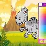 Dinosaurio gris caricaturesco con un panel de colores en un paisaje prehistórico con un volcán en erupción al fondo