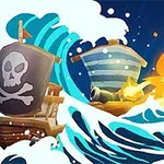 Barcos pirata en batalla sobre olas animadas, con explosiones y un cielo azul oscuro de fondo