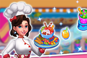 Chef sonriente con uniforme blanco y gorro de cocina, sosteniendo un plato de helado decorado con frutas y golosinas, junto a una bebida y utensilios coloridos en un ambiente colorido