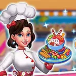Chef sonriente con uniforme blanco y gorro de cocina, sosteniendo un plato de helado decorado con frutas y golosinas, junto a una bebida y utensilios coloridos en un ambiente colorido