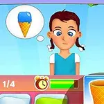 Niña con coletas pensando en un helado de cono azul en un entorno de dibujos animados