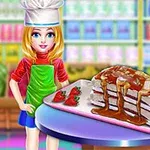 Joven chef con gorro blanco junto a un pastel de capas con glaseado y fresas sobre una mesa redonda