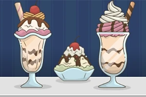 Tres postres helados, dos en copas altas a los lados y uno en un tazón en el centro, adornados con crema, cereza y barquillos