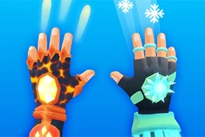 Dos manos con guantes especiales mostrando poder de fuego y hielo sobre un fondo azul