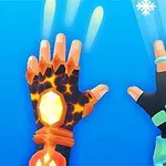 Dos manos con guantes especiales mostrando poder de fuego y hielo sobre un fondo azul