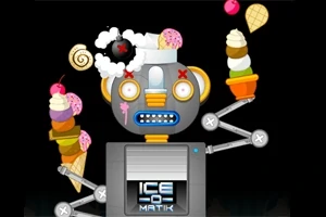 Robot con ojos de espiral, sosteniendo conos de helado coloridos, y con una bomba y helado en la cabeza