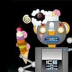 Robot con ojos de espiral, sosteniendo conos de helado coloridos, y con una bomba y helado en la cabeza