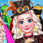 Dos personajes con cabello blanco, uno con sombrero estilo steampunk y el otro con una diadema de flores, delante de un fondo de vestidos brillantes y coloridos