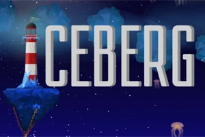 Un faro rojo y blanco sobre un iceberg flotante con estrellas y medusas en un cielo azul oscuro, acompañado del texto ICEBERG
