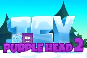 Letras grandes de ICY con estilo de hielo y PURPLE HEAD 2 en color púrpura, con un personaje cuadrado púrpura y otro azul en un fondo de bosque nevado