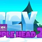 Letras grandes de ICY con estilo de hielo y PURPLE HEAD 2 en color púrpura, con un personaje cuadrado púrpura y otro azul en un fondo de bosque nevado