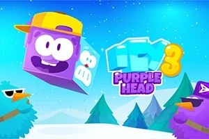 Cubo morado con cara sonriente y gorra amarilla flotando en un paisaje nevado con aves caricaturescas
