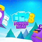 Cubo morado con cara sonriente y gorra amarilla flotando en un paisaje nevado con aves caricaturescas