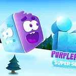 Cubo morado con cara sonriente deslizándose sobre nieve, con árboles al fondo y texto colorido