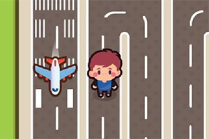 Un personaje de dibujos animados está de pie junto a una pista de aterrizaje con un avión en una vista aérea