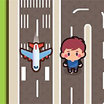 Un personaje de dibujos animados está de pie junto a una pista de aterrizaje con un avión en una vista aérea