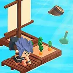 Hombre de cabello azul en una balsa de madera con un pequeño jardín en un entorno marinero