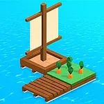 Una balsa de madera con un pequeño jardín de plantas en el agua azul cristalina