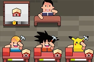Tres personajes caricaturescos usando martillos y trabajando en una mesa con bloques, supervisados por una figura detrás de un mostrador, con un ícono con una moneda y un bloque en la esquina