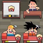 Tres personajes caricaturescos usando martillos y trabajando en una mesa con bloques, supervisados por una figura detrás de un mostrador, con un ícono con una moneda y un bloque en la esquina