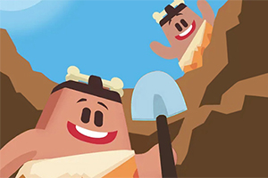 Dos personajes animados con sonrisas y vestimenta prehistórica, uno sosteniendo una pala y el otro asomándose desde un montículo de tierra